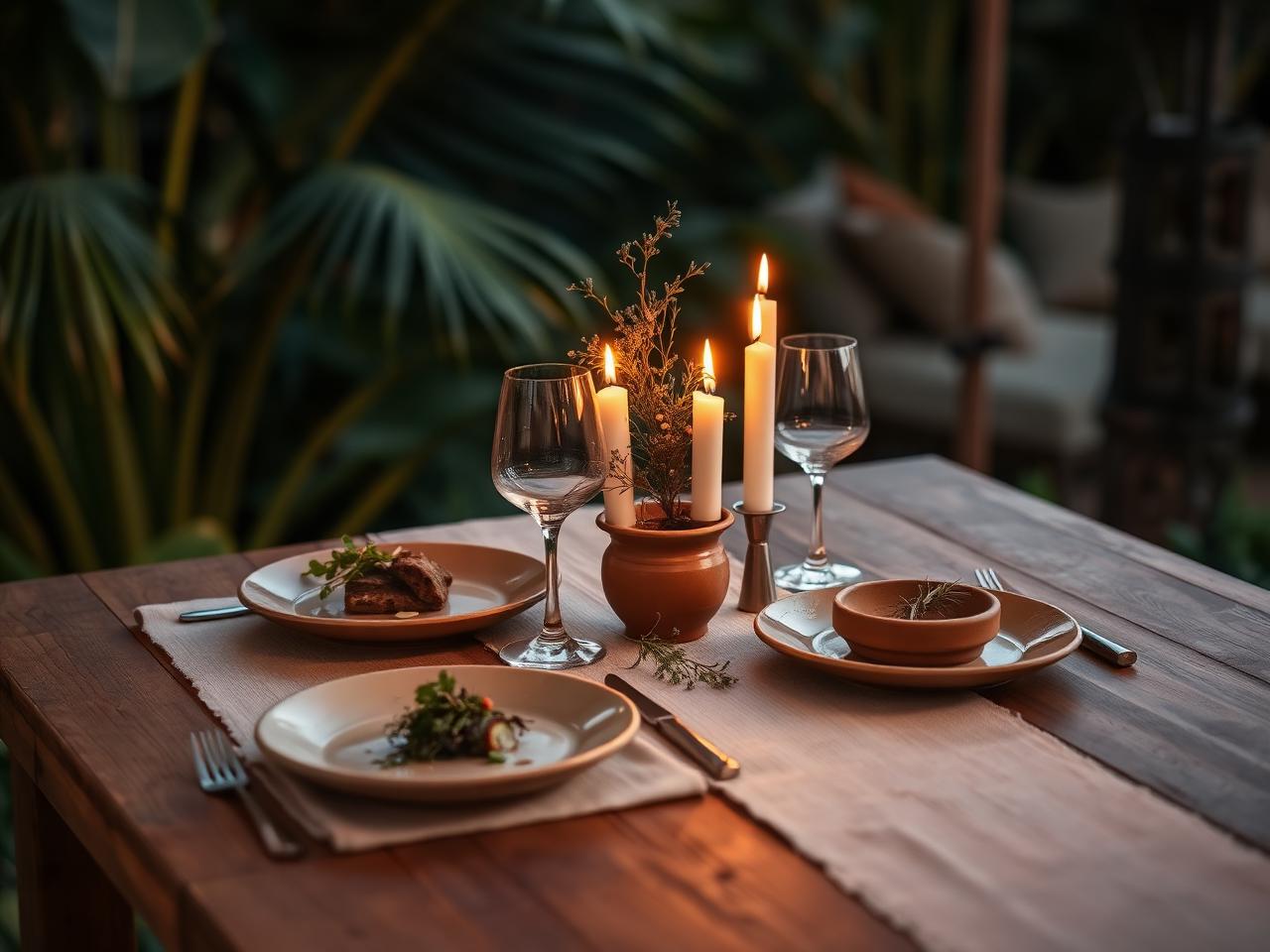 Candlelit dinner table set for two